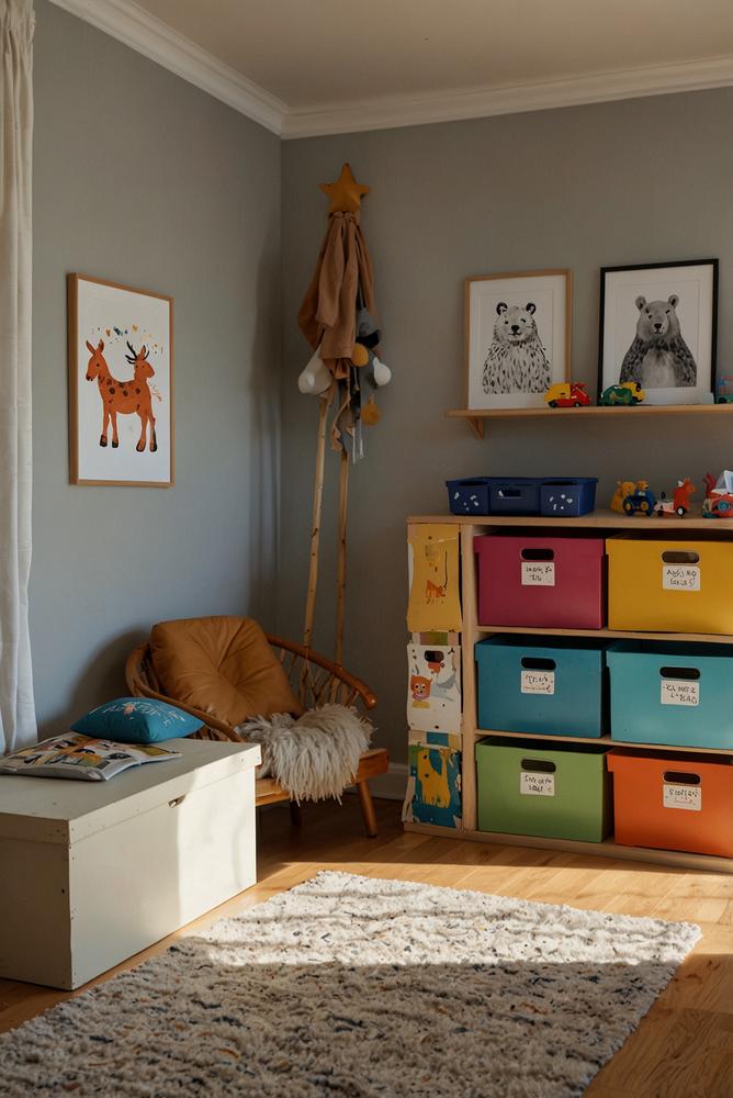 helles kinderzimmer mit beschrifteten aufbewahrungsboxen
