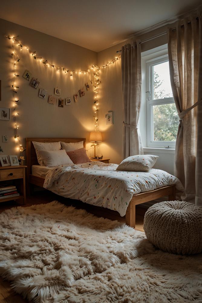 Kinderzimmer Bettnische mit Lichterkette und Kissen