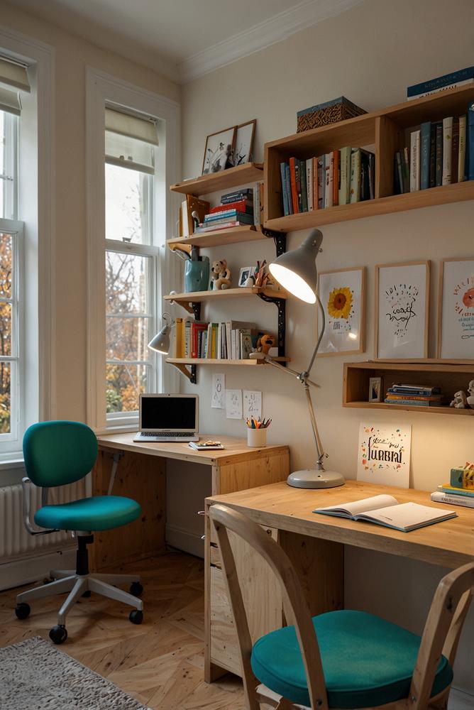 Helles Kinderzimmer mit zwei Arbeitsplätzen und viel Tageslicht