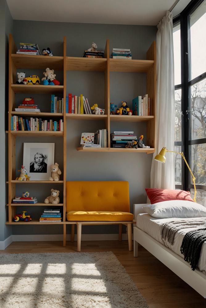 Helles Kinderzimmer mit flexiblem Regalsystem und bunten Boxen