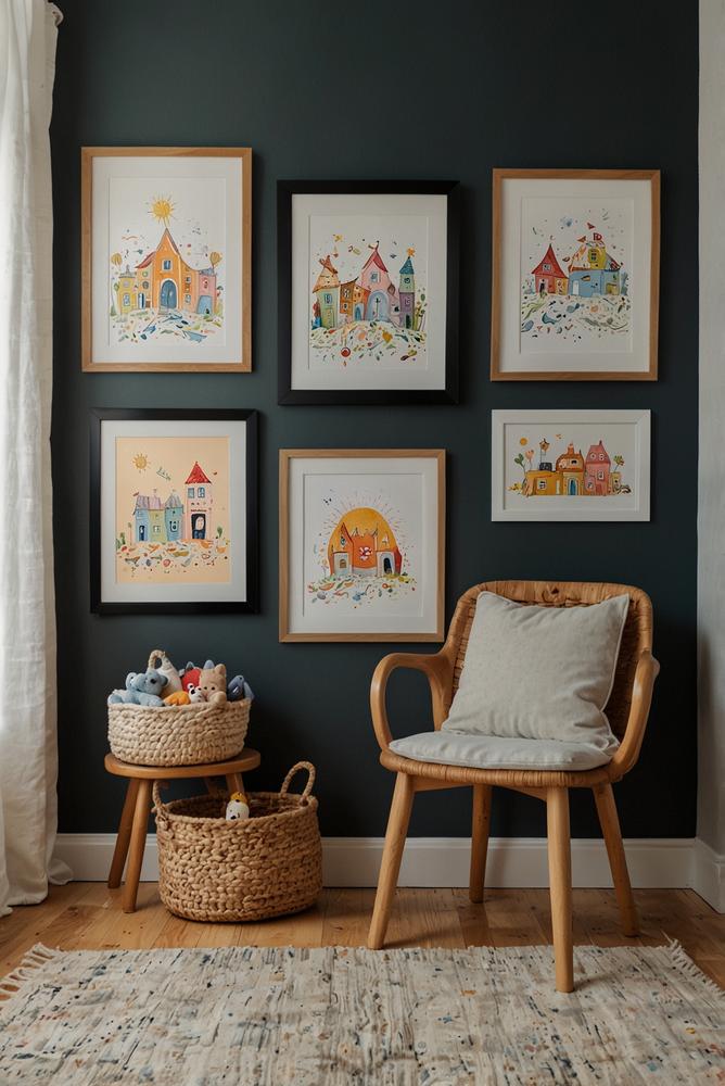 Kinderzimmer-Galerie mit gerahmten Kinderzeichnungen