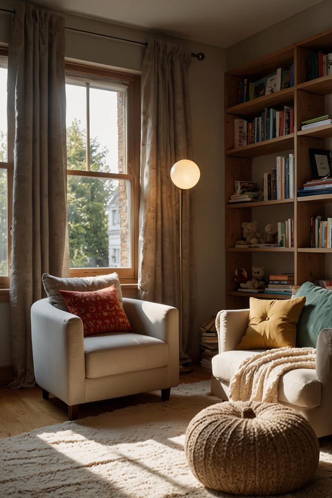 Kinderzimmer mit gemütlicher Leseecke und Lesesessel