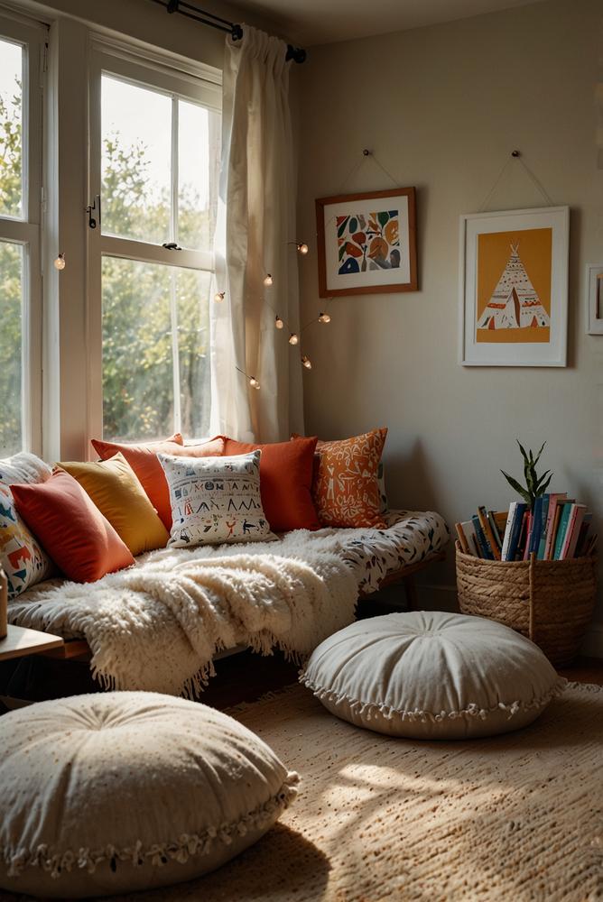 Helle Kinderzimmer Leseecke mit Tipi und Kissen