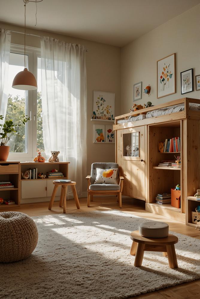 Montessori Kinderzimmer mit niedrigem Holzmöbelbereich, hell und freundlich