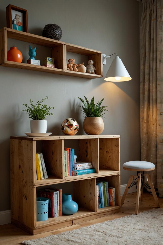 Helles Kinderzimmer mit Regal aus bunten Stapelkisten