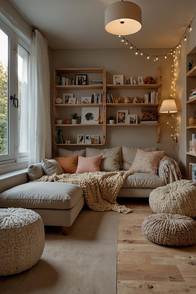 Helles Kinderzimmer mit Sofa- und Kuschelzone für Kindergeburtstag