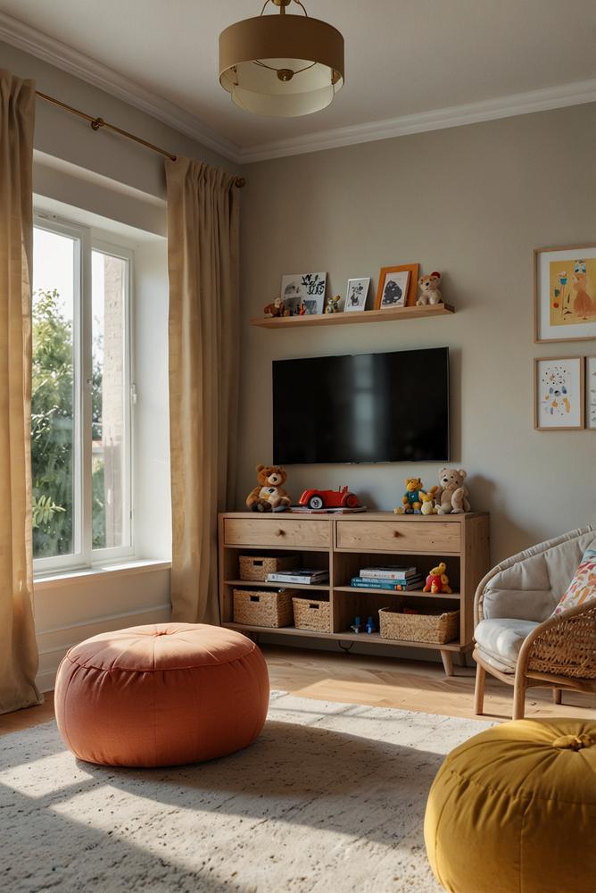 Hell eingerichtetes Kinderzimmer mit Fernseher und Spielecke