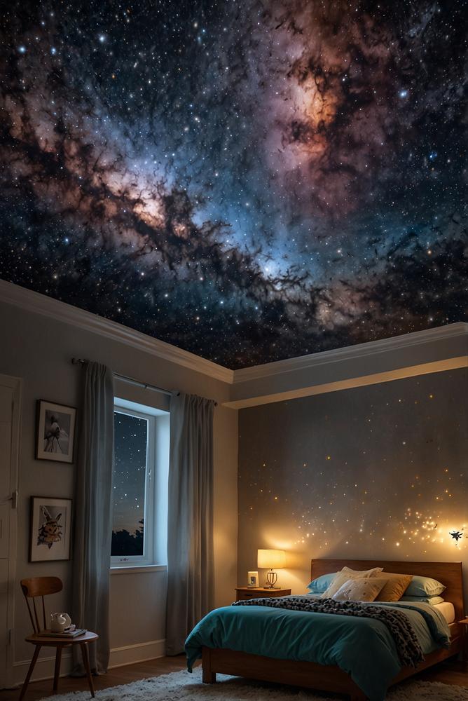 Kinderzimmer mit hellem Sternenhimmel-Projektor an der Decke