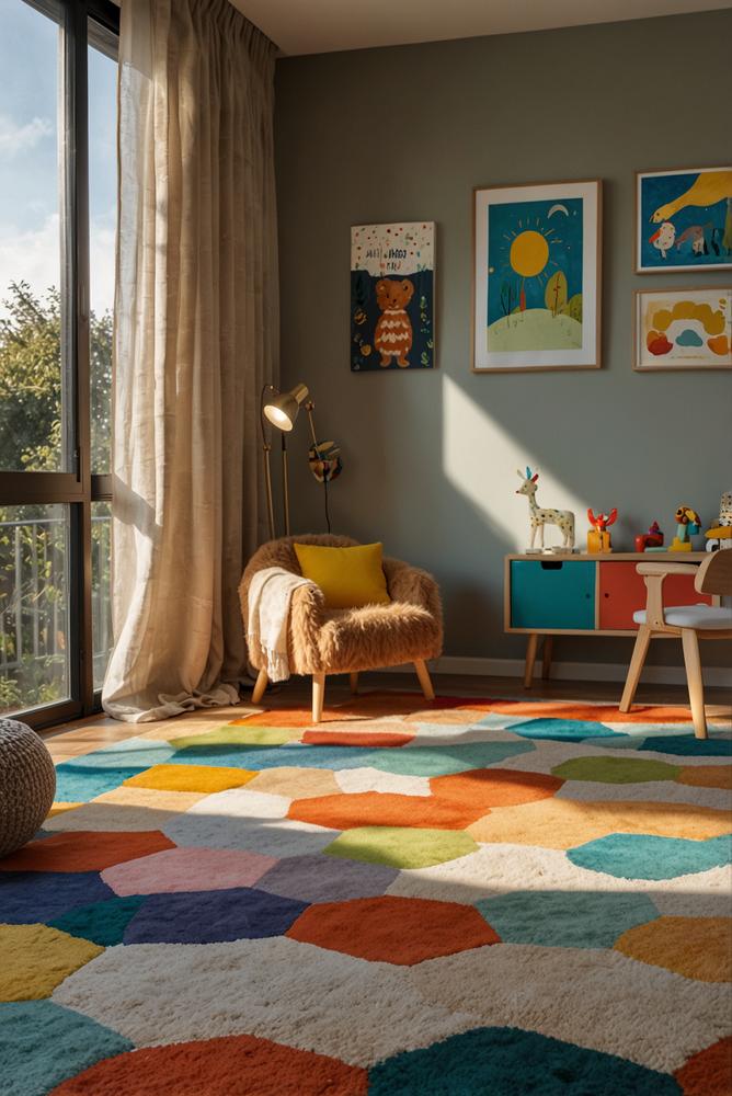 Kinderzimmer mit hellem Teppich und bunten Spielmatten