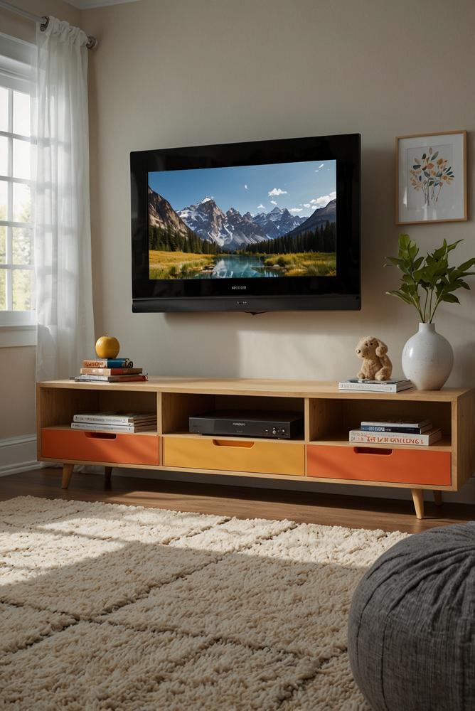 Kinderzimmer mit heller TV-Wand und Medienkonsole