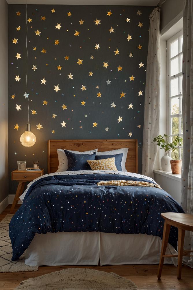 Kinderzimmer Wand mit leuchtenden Sternenstickern