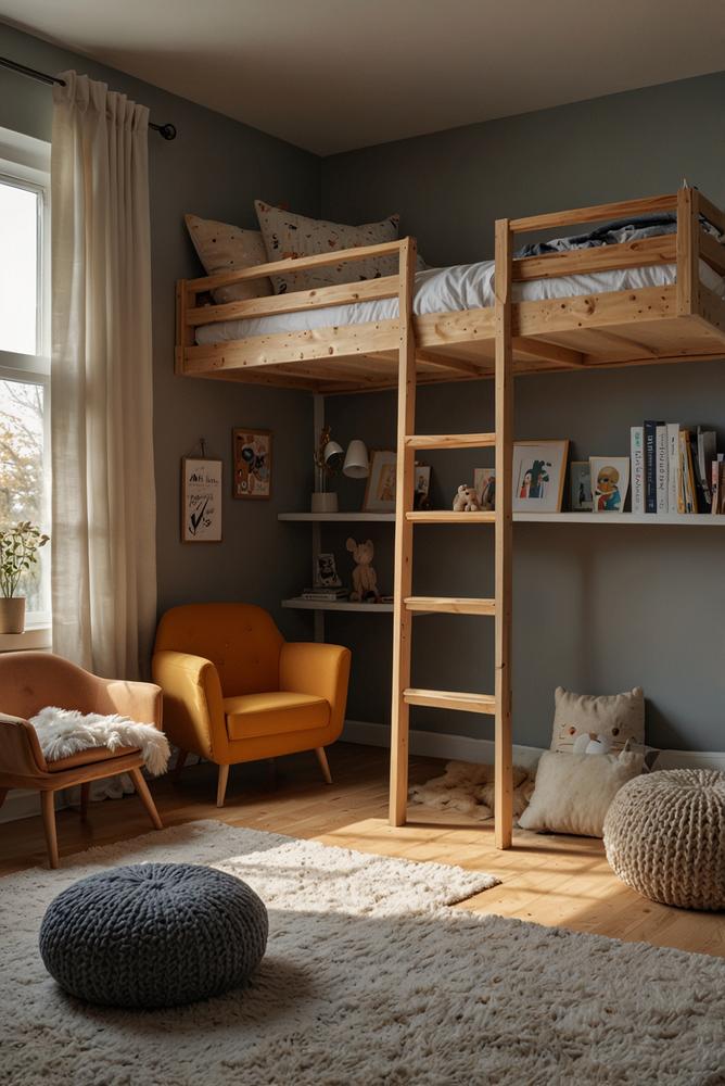 Loftbett mit Leseecke im kleinen Kinderzimmer hell und einladend