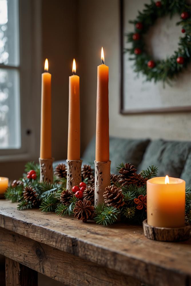 Heller Adventskranz mit Kerzen und natürlicher Dekoration im Winter