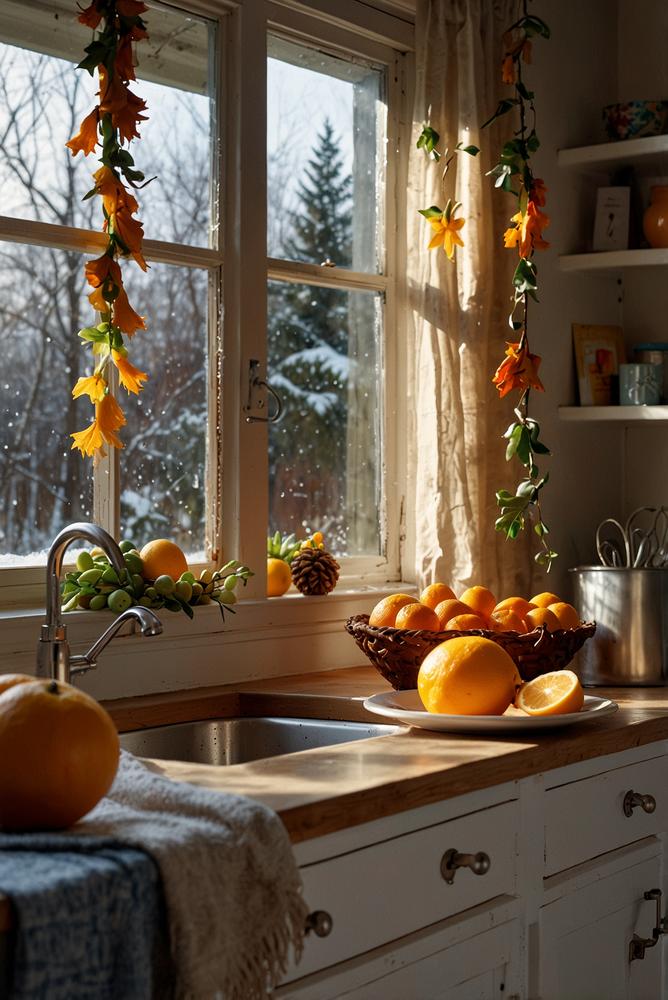 Küchenfenster mit heller Zitrusgirlanden-Deko im Winter