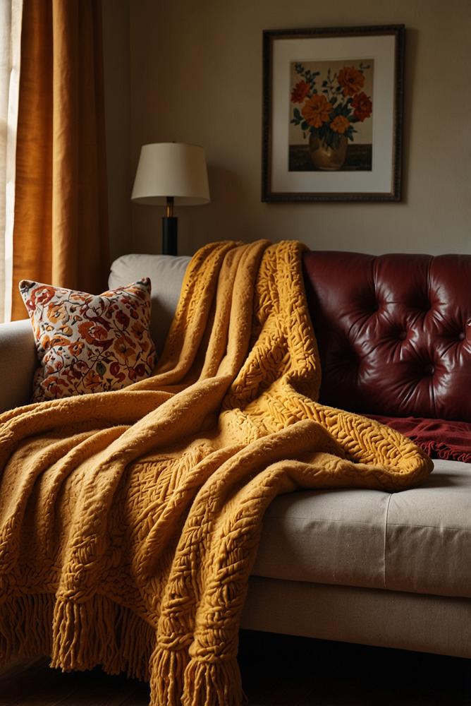 Gemütliche Kuscheldecken auf Sofa im Winter