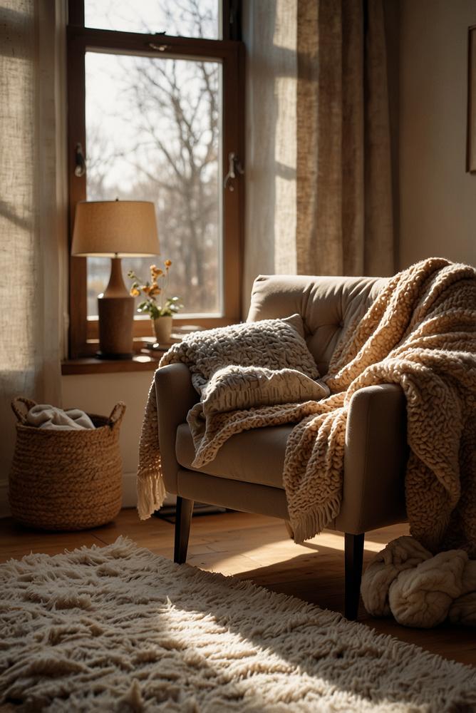 Helle Kuschelecke mit Decken und Kissen im Winter