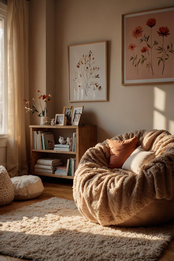 Gemütliche Kuschelecke im Kinderzimmer mit warmem Licht