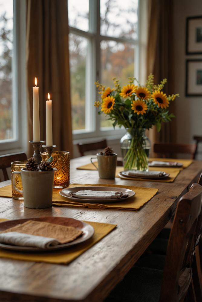 Gemütlicher Esstisch mit Filzuntersetzern und Läufer im Winter