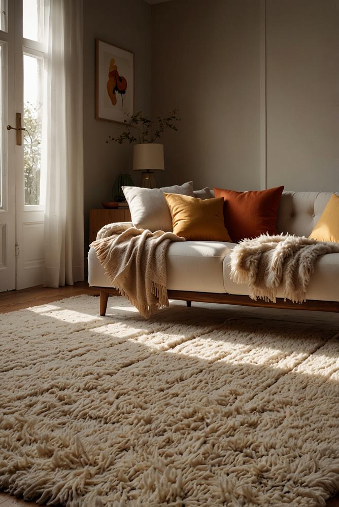 Kuscheliger Teppich im hellen, warmen Wohnzimmer
