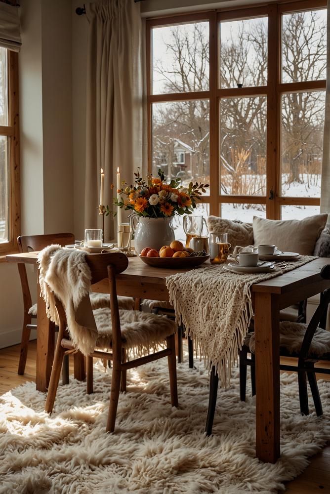 Kuschelige Textilien am Esstisch mit warmem Licht