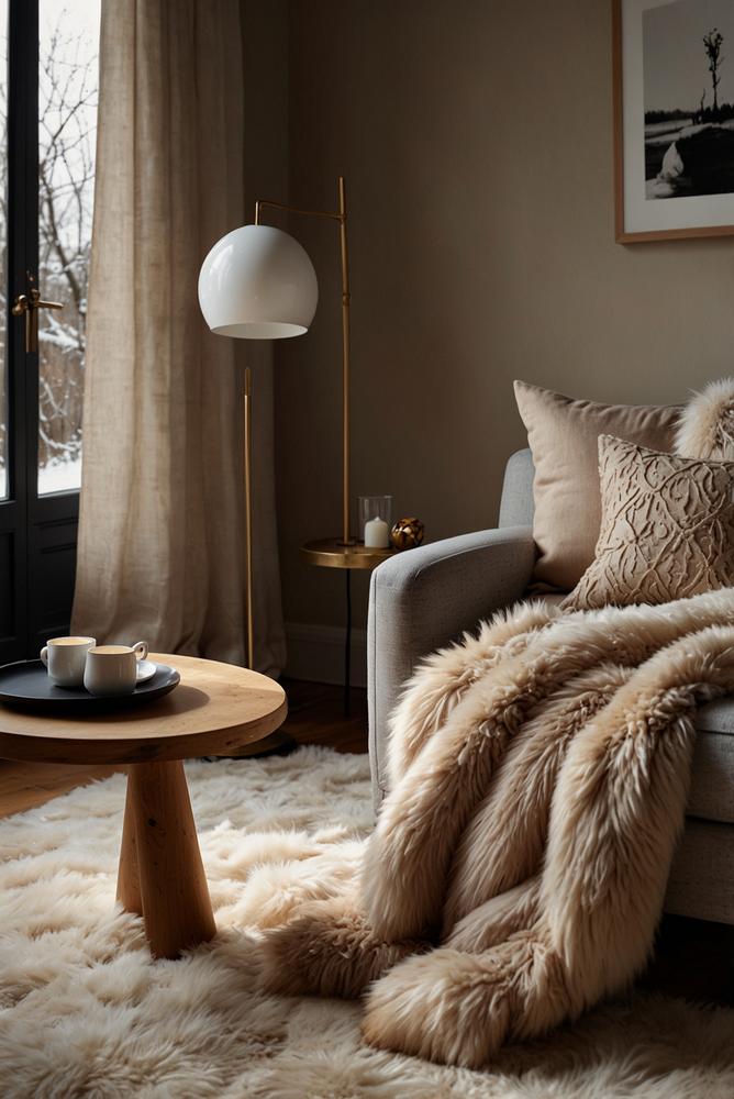Stilvolle Kombination aus Fell und Wolle im winterlichen Interieur