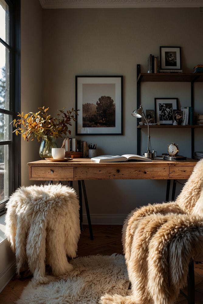 Helles, kuscheliges Home-Office mit Fell und Wolle