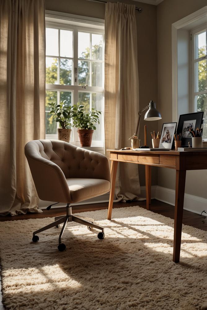 Helles Home-Office mit Wollteppich und Sitzkissen