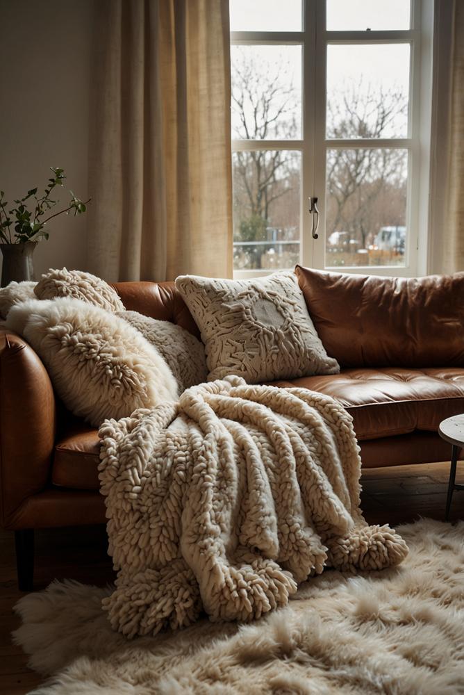 Gemütliche Lammfell- und Strickkissen auf Sofa im Winter