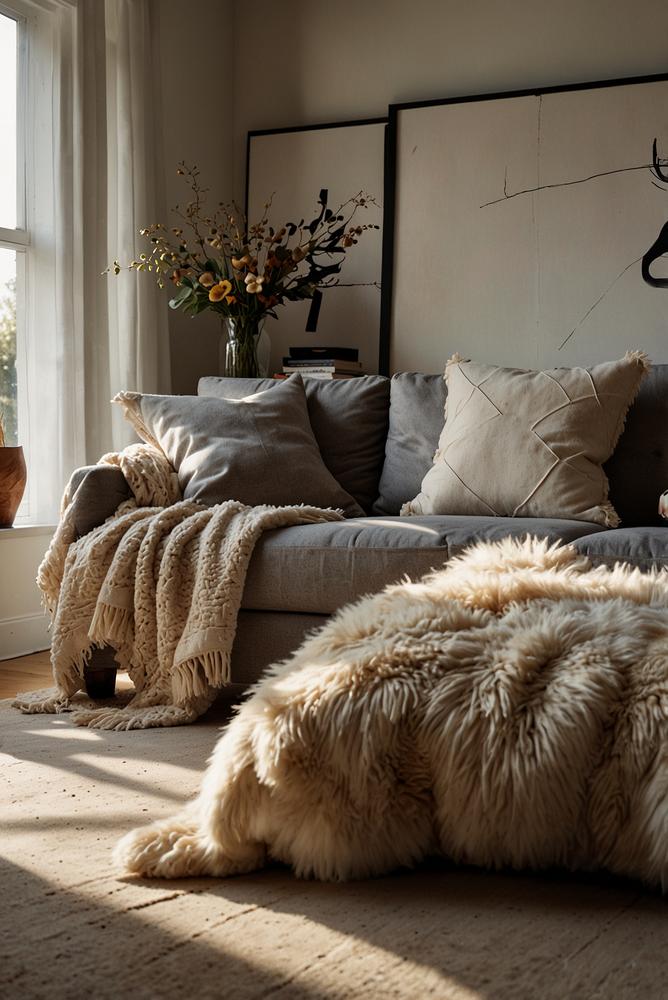Hell eingerichteter Wohnraum mit kuscheligen Textilien