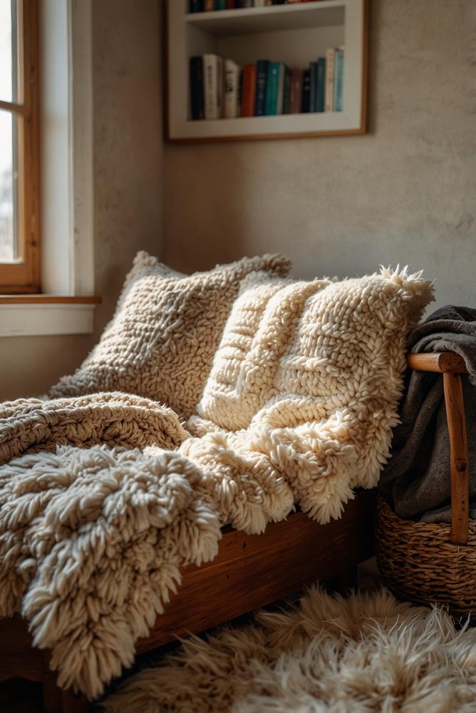 Gemütliche Strickdecke und Lesekissen im Winter