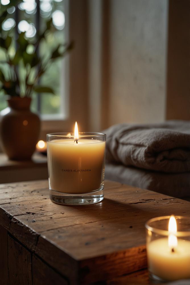 Helle, warme Wohnzimmeratmosphäre mit Duftkerzen und Raumdüften