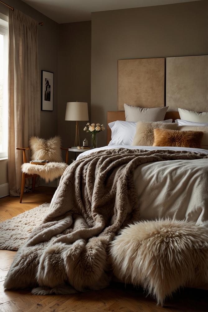 Kuschelige Wolldecken und Fellbettläufer im Schlafzimmer