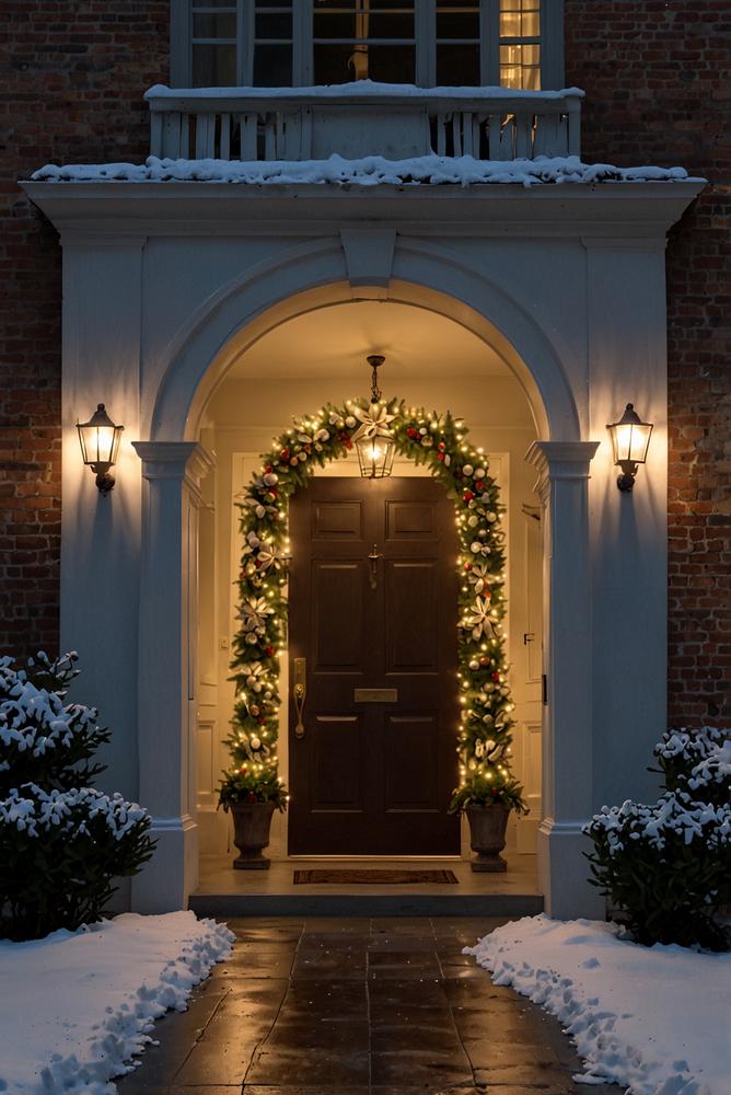 Winterliche Haustür mit LED-Girlande dekoriert