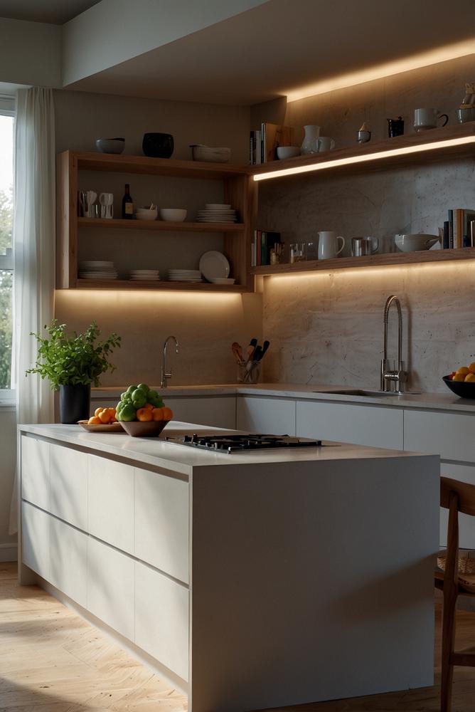 Küche mit LED-Strips unter Regalen für warmes Licht