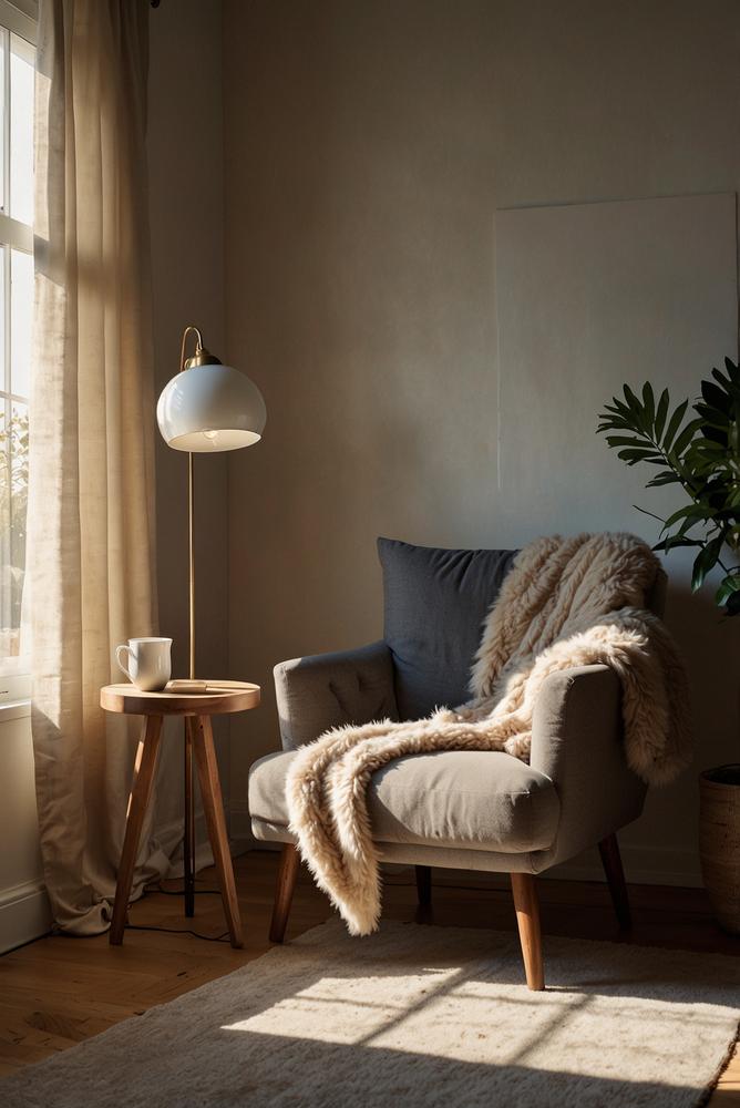 Helle gemütliche Leseecke mit Stehlampe und Felldeko