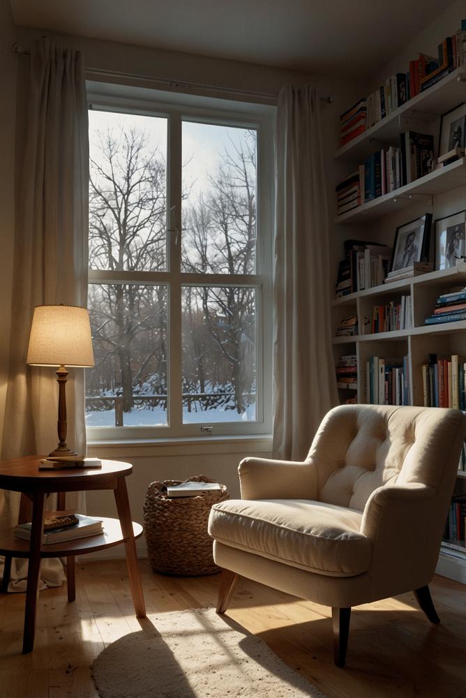 Gemütlicher Lesesessel mit Leselampe im Winter