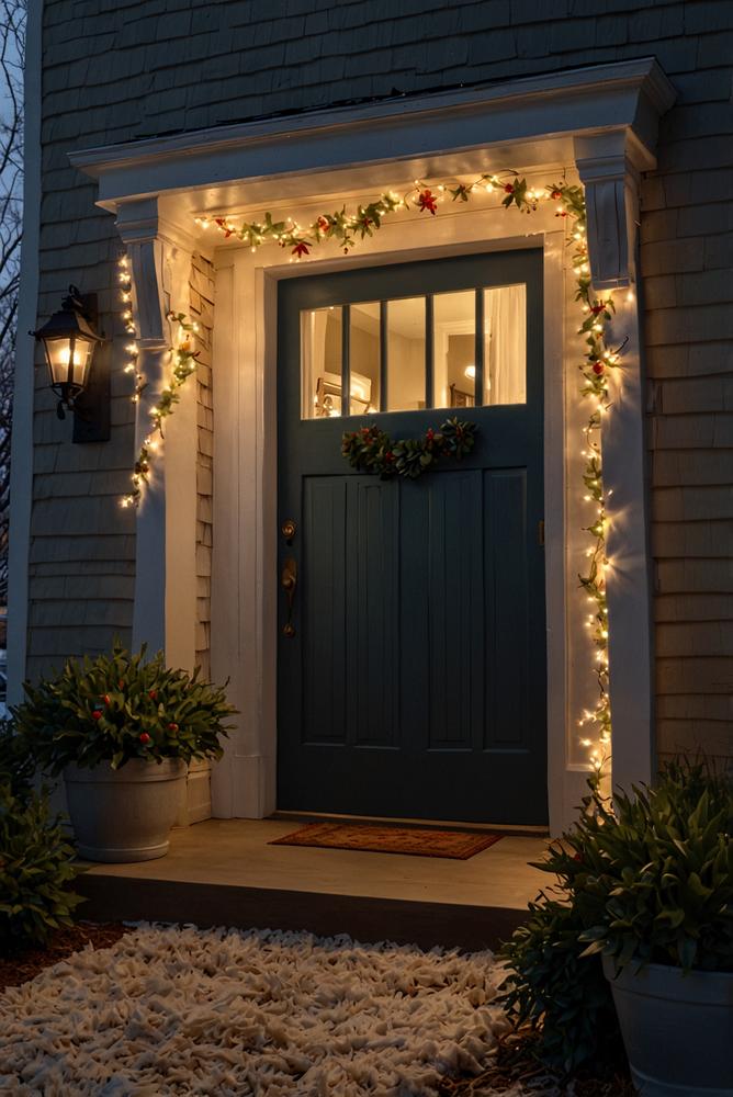 Winterliche Haustür mit Lichtergirlande und Tannengirlande