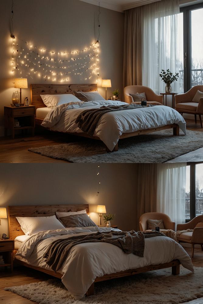 Lichterkette als Betthaupt sorgt für gemütliche Atmosphäre