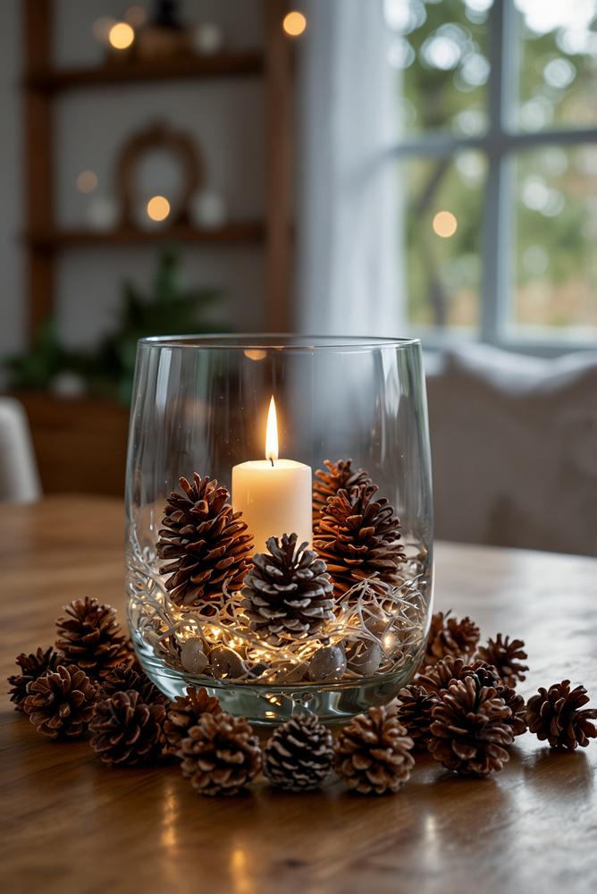 Lichterkette im Glas auf winterlichem Esstisch