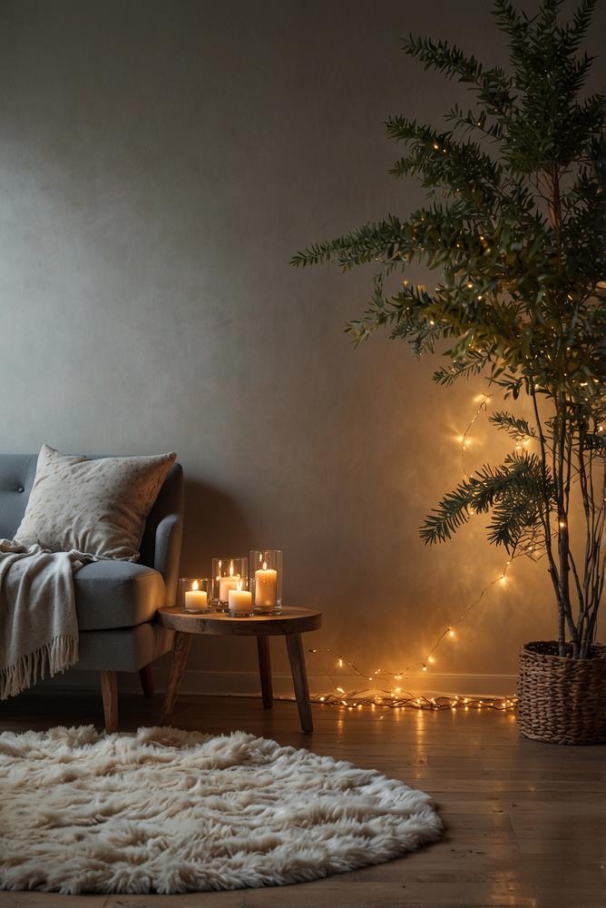 Warme Lichterkette an Wand als Winterdeko hell und modern