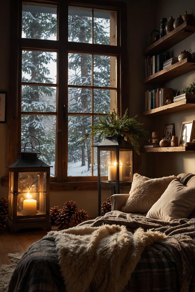 Gemütliche Lichterketten und Laternen im winterlichen Wohnraum