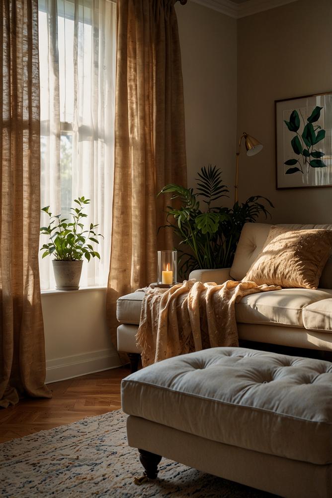 Helles Zimmer mit Lichterketten über Sofa und Bett