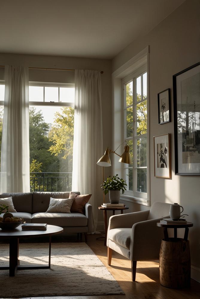 Helles Wohnzimmer mit verschiedenen Lichtzonen und Sonnenlicht