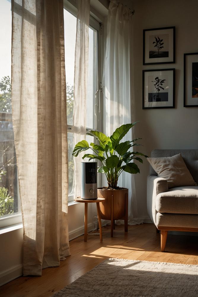 Heller Wohnraum mit Luftbefeuchter und Hygrometer bei Tageslicht