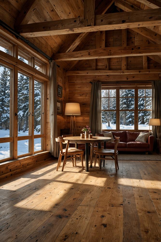 Heller Massivholzboden in gemütlicher Berghütte im Winter