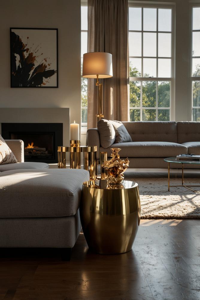 Metallische Dekoration und Glasflächen im hellen Raum