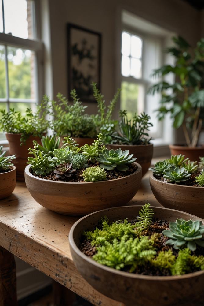 Heller Mini-Garten mit Zimmerpflanzen in dekorativen Töpfen