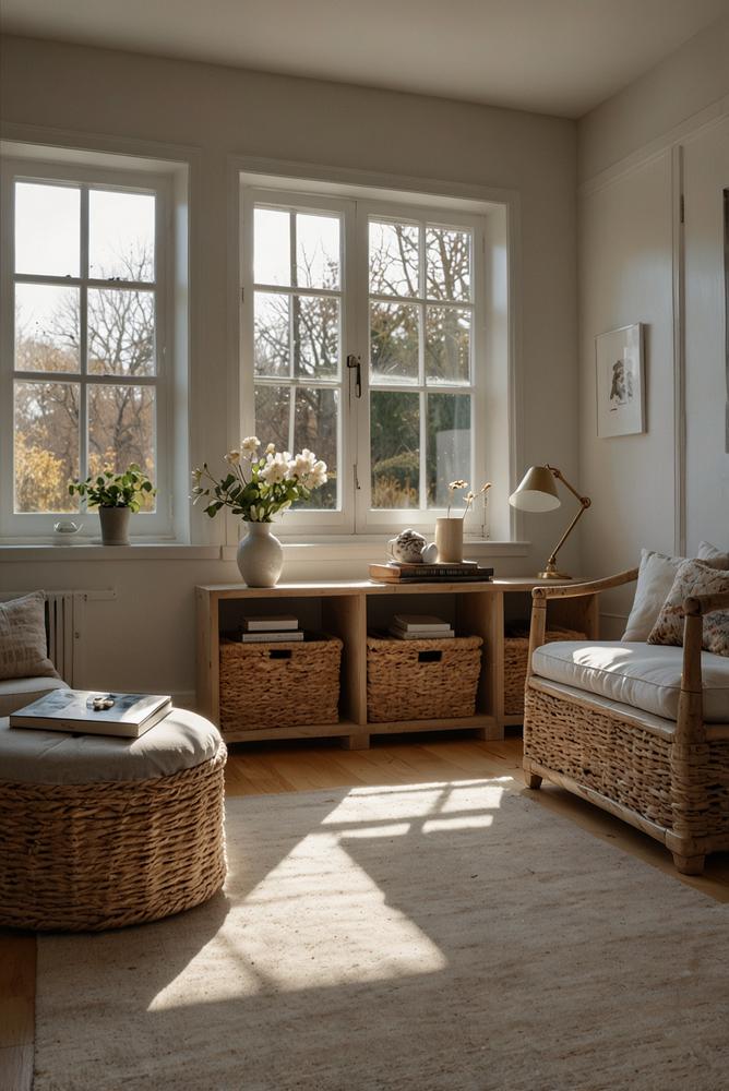 Helle minimalistische Wohnung gegen Winter-Grau