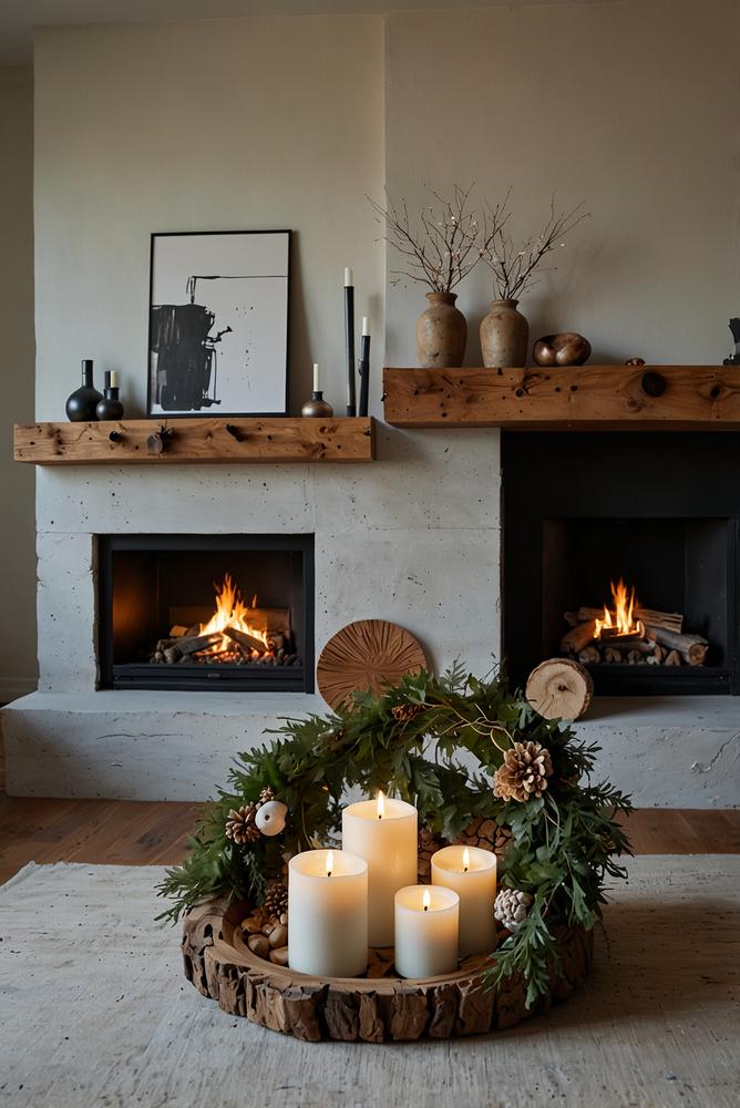 Minimalistische Kamin-Winterdeko mit Kerzen und Tannenzweigen