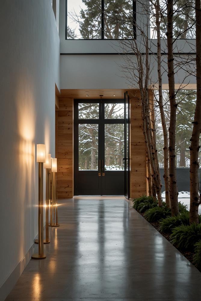 Minimalistische Winter-Eingangsdeko mit Laterne hell und einladend